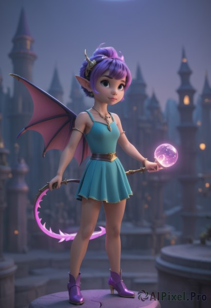 1girl,solo,breasts,looking at viewer,smile,short hair,bangs,dress,holding,bare shoulders,brown eyes,jewelry,closed mouth,standing,tail,full body,weapon,purple hair,earrings,small breasts,boots,outdoors,wings,horns,sky,shoes,sleeveless,pointy ears,belt,necklace,blurry,high heels,bracelet,lips,night,sleeveless dress,depth of field,blurry background,blue dress,short dress,moon,demon girl,bat wings,child,full moon,armlet,pendant,demon wings,magic,pleated dress,purple footwear,castle,aqua dress,pointy footwear,blue eyes,hair ornament,artist name,dark skin,holding weapon,watermark,knife,demon tail,night sky,web address