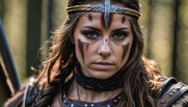 1girl,solo,long hair,looking at viewer,brown hair,brown eyes,jewelry,closed mouth,yellow eyes,weapon,choker,necklace,armor,blurry,lips,eyelashes,blurry background,polearm,shoulder armor,portrait,close-up,freckles,pauldrons,realistic,nose,facepaint,tribal,headband,serious