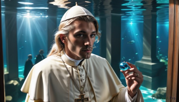 looking at viewer,blonde hair,brown hair,long sleeves,1boy,hat,holding,brown eyes,jewelry,closed mouth,white shirt,upper body,male focus,multiple boys,solo focus,indoors,hand up,water,necklace,capelet,facial hair,white headwear,sunlight,ring,cross,gem,beard,fish,robe,light rays,crystal,underwater,realistic,mustache,cross necklace,white capelet,old,old man,white robe,priest,wrinkled skin,aquarium,holding jewelry,long hair,lips,parody,3boys,pendant,glint,nun,sunbeam,pillar,latin cross