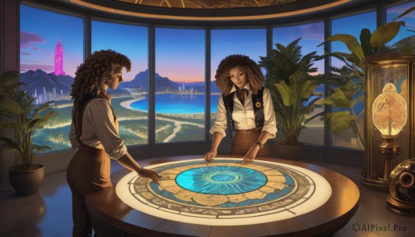 long hair,multiple girls,brown hair,shirt,hat,2girls,jewelry,standing,white shirt,sky,collared shirt,pants,cloud,indoors,dark skin,vest,bracelet,dark-skinned female,window,ocean,table,suspenders,plant,scenery,sleeves rolled up,reflection,curly hair,mountain,horizon,clock,potted plant,magic circle,brown pants,lake,dreadlocks,afro,island,cactus,smile,black hair,long sleeves,1boy,brown eyes,closed mouth,closed eyes,earrings,day,water,looking at another,blue sky,dress shirt,profile,siblings,watermark,black pants,freckles,sunset,watch,black vest,wristwatch,lamp,evening,sleeves pushed up,wooden table