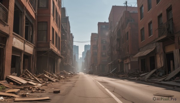 outdoors,sky,day,signature,blue sky,no humans,window,building,scenery,city,road,cityscape,ruins,power lines,street,utility pole,debris,sunlight