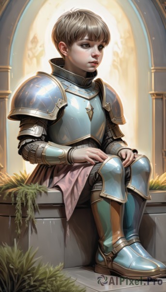 solo,short hair,bangs,brown hair,1boy,brown eyes,sitting,closed mouth,full body,male focus,boots,parted lips,artist name,indoors,armor,lips,looking away,plant,shoulder armor,gauntlets,pauldrons,breastplate,nose,vambraces,armored boots,greaves,faulds,knight,plate armor,gloves,teeth