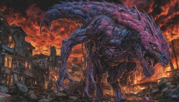 An iconic monster framed by a inviting fiery outdoors