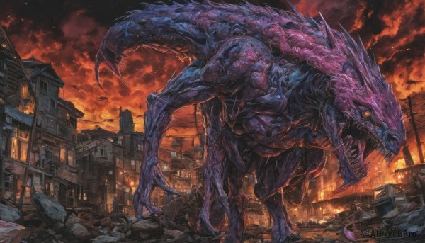 solo,open mouth,tail,yellow eyes,outdoors,sky,teeth,tongue,cloud,orange eyes,no humans,glowing,cloudy sky,fire,sharp teeth,ground vehicle,building,motor vehicle,claws,smoke,monster,city,car,scales,ruins,power lines,utility pole,debris,destruction,rubble,kaijuu,night,street,red sky