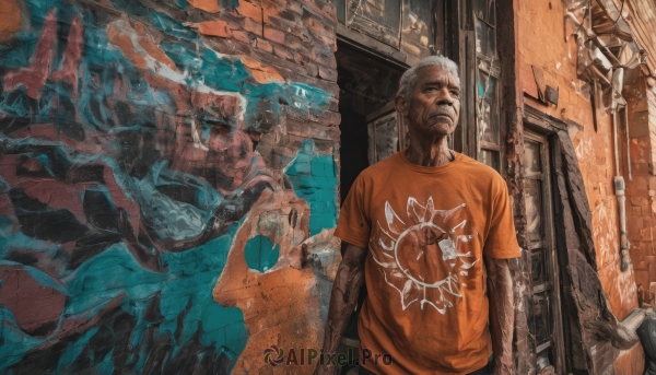 solo,short hair,shirt,1boy,standing,white hair,short sleeves,grey hair,male focus,outdoors,pants,tattoo,facial hair,dark-skinned male,t-shirt,building,beard,realistic,print shirt,old,orange shirt,old man,graffiti,industrial pipe,closed mouth,fish,arms at sides,brick wall,alley