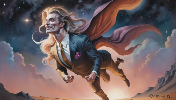 solo,long hair,smile,blonde hair,red eyes,1boy,jacket,flower,male focus,necktie,sky,teeth,pants,cloud,cape,grin,night,rose,fangs,formal,suit,star (sky),night sky,starry sky,running,mountain,vampire,evil smile,evil grin,open mouth,school uniform,sun