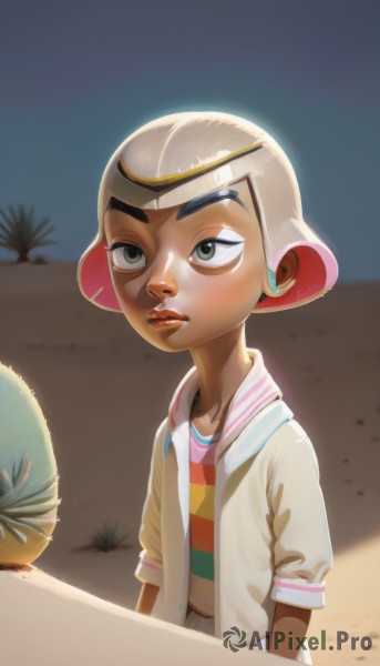 solo,shirt,black hair,1boy,green eyes,jacket,upper body,male focus,outdoors,striped,artist name,dark skin,lips,thick eyebrows,looking up,child,striped shirt,sand,male child,shell,humanization,desert,1girl,short hair,blonde hair,white hair,multicolored hair,makeup,realistic,nose