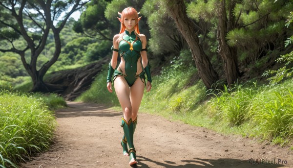 1girl,solo,long hair,breasts,looking at viewer,blue eyes,blonde hair,gloves,bare shoulders,medium breasts,standing,full body,boots,outdoors,day,pointy ears,fingerless gloves,orange hair,armor,leotard,tree,lips,shadow,knee boots,grass,elf,nature,forest,walking,realistic,arms at sides,road,green leotard,smile,bangs,hair ornament,very long hair,green eyes,high heels,armlet,green footwear,path