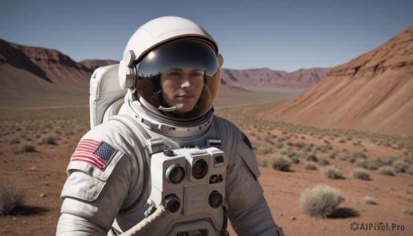 1girl,solo,looking at viewer,smile,brown eyes,upper body,outdoors,sky,day,blurry,lips,helmet,science fiction,mountain,realistic,american flag,spacesuit,desert,dust,japanese flag,space helmet,united states,astronaut,1boy,male focus,rock,planet,flag print,american flag print