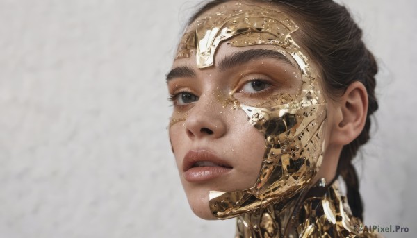 1girl,solo,long hair,looking at viewer,simple background,brown hair,brown eyes,braid,parted lips,teeth,grey background,black eyes,lips,headgear,portrait,freckles,science fiction,realistic,nose,black hair,white background,eyelashes,close-up,gold