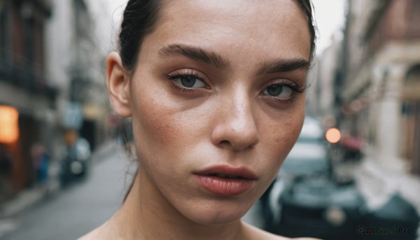 1girl,solo,looking at viewer,short hair,black hair,1boy,male focus,outdoors,parted lips,teeth,blurry,black eyes,lips,grey eyes,depth of field,blurry background,ground vehicle,portrait,motor vehicle,freckles,realistic,car,very short hair,eyelashes,close-up,nose,road,street