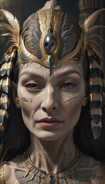 1girl,solo,long hair,looking at viewer,blue eyes,black hair,hair ornament,jewelry,collarbone,earrings,parted lips,teeth,necklace,blurry,lips,tattoo,blurry background,feathers,crown,gem,portrait,realistic,headdress,straight-on,gold,closed mouth,headgear,piercing,headpiece,facial tattoo,bodypaint,egyptian,tribal