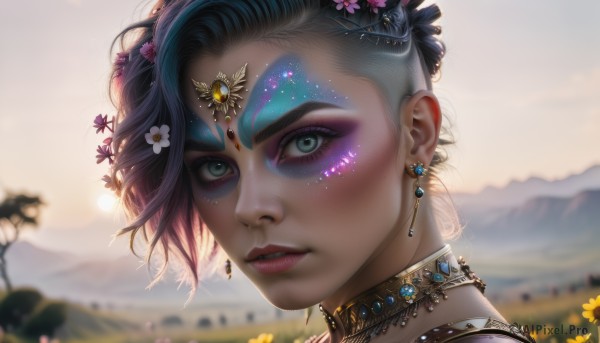 1girl,solo,looking at viewer,short hair,black hair,hair ornament,jewelry,green eyes,blue hair,pink hair,purple hair,flower,multicolored hair,earrings,outdoors,parted lips,sky,teeth,choker,day,artist name,hair flower,necklace,blurry,two-tone hair,lips,eyelashes,makeup,depth of field,blurry background,watermark,facial mark,lipstick,gem,portrait,web address,close-up,eyeshadow,freckles,circlet,mountain,realistic,nose,red lips,eyeliner,facepaint,forehead jewel,mascara,blush,blue eyes,from side,backlighting