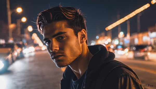 solo,looking at viewer,short hair,brown hair,black hair,1boy,brown eyes,closed mouth,jacket,upper body,male focus,outdoors,dark skin,hood,blurry,black jacket,hoodie,night,depth of field,blurry background,facial hair,dark-skinned male,hood down,beard,city,realistic,stubble,undercut,black hoodie,photo background,city lights,ground vehicle,portrait,night sky,motor vehicle,car,road,street,bokeh