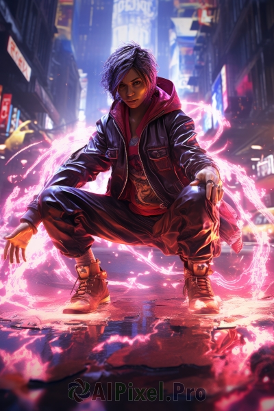 1girl,solo,looking at viewer,smile,short hair,gloves,1boy,jewelry,jacket,male focus,boots,open clothes,shoes,pants,dark skin,hood,fingerless gloves,necklace,blurry,open jacket,dark-skinned female,black jacket,hoodie,tattoo,blurry background,glowing,squatting,dark-skinned male,ring,hood down,fire,building,sneakers,motor vehicle,reflection,city,car,leather,neck tattoo,dreadlocks,blue hair,full body,outdoors,night,realistic,cyberpunk,neon lights