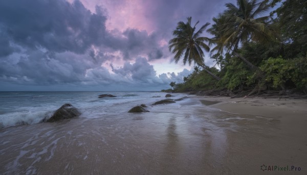 outdoors,sky,day,cloud,water,tree,no humans,ocean,beach,cloudy sky,nature,scenery,rock,sand,palm tree,horizon,waves,shore,sunlight,landscape,island