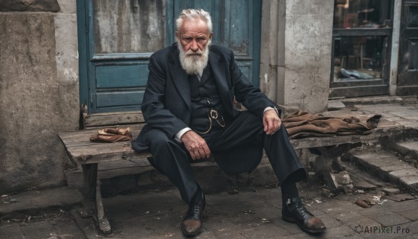 solo,looking at viewer,shirt,long sleeves,1boy,jewelry,sitting,closed mouth,jacket,full body,white shirt,white hair,male focus,outdoors,necktie,shoes,collared shirt,belt,pants,indoors,black footwear,vest,black jacket,facial hair,scar,brown footwear,black pants,formal,ring,suit,black necktie,beard,scar on face,watch,mature male,mustache,bench,manly,old,old man,black suit,photo background,cigar,weapon,gun,window,thick eyebrows,realistic,bullet hole