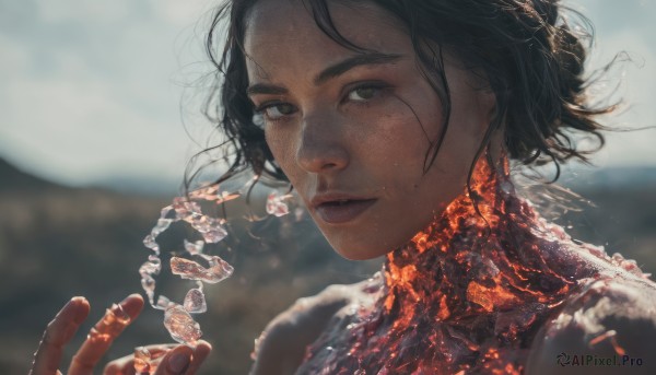 1girl, solo, looking at viewer, short hair, black hair, brown eyes, parted lips, mole, blurry, lips, depth of field, blurry background, portrait, realistic, nose