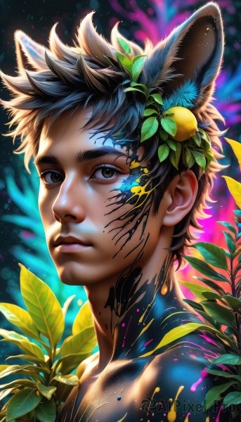 solo,looking at viewer,short hair,brown hair,black hair,hair ornament,1boy,animal ears,brown eyes,closed mouth,upper body,male focus,cat ears,blurry,lips,fruit,leaf,plant,portrait,extra ears,topless male,realistic,nose,bodypaint,paint splatter,artist name,mole,tattoo,glowing,watermark,mole under mouth,light particles,freckles,leaf hair ornament,colorful,paint,full-body tattoo