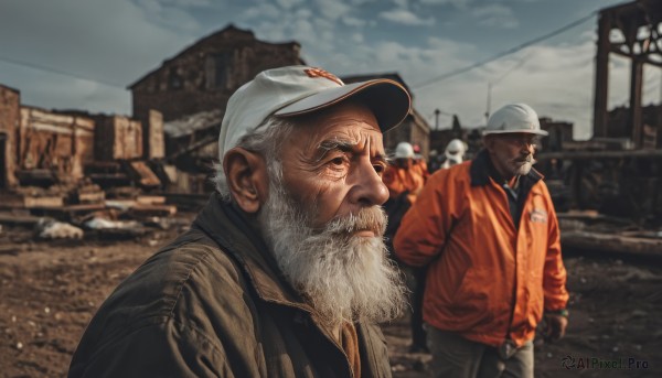 hat,jacket,white hair,male focus,outdoors,multiple boys,sky,day,pants,cloud,2boys,blurry,facial hair,white headwear,3boys,cloudy sky,building,baseball cap,beard,cigarette,realistic,mustache,smoking,bald,manly,old,power lines,old man,orange jacket,photo background,shirt,gloves,long sleeves,closed mouth,standing,belt,looking to the side,blurry background,black pants,sunglasses,helmet,ground vehicle,motor vehicle,red jacket,smoke,house,radio antenna,wrinkled skin