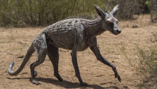 solo,red eyes,standing,tail,full body,outdoors,horns,teeth,day,blurry,tree,no humans,blurry background,shadow,animal,nature,claws,monster,realistic,photo background,dinosaur,looking at viewer,sharp teeth,creature,horror (theme)