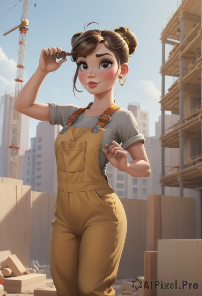 1girl,solo,breasts,looking at viewer,blush,smile,short hair,bangs,brown hair,shirt,holding,brown eyes,jewelry,closed mouth,standing,collarbone,white shirt,short sleeves,earrings,outdoors,sky,day,artist name,cloud,hair bun,arm up,blue sky,lips,double bun,thick eyebrows,t-shirt,building,box,grey shirt,freckles,hoop earrings,city,nose,overalls,ahoge,thigh gap,single hair bun,coin,dirty