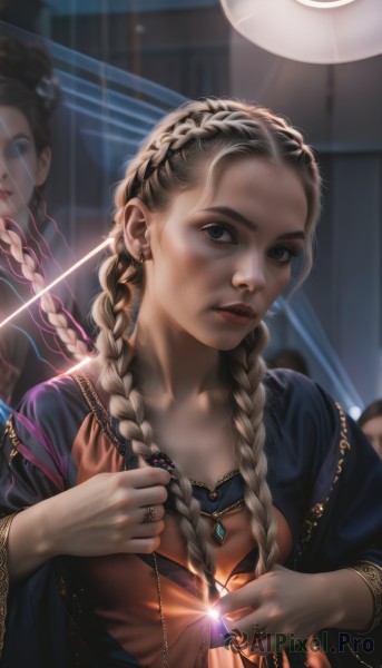 1girl,solo,long hair,breasts,looking at viewer,multiple girls,blonde hair,black hair,long sleeves,dress,2girls,jewelry,upper body,braid,earrings,parted lips,solo focus,indoors,necklace,blurry,black eyes,twin braids,bracelet,lips,grey eyes,eyelashes,makeup,depth of field,blurry background,ring,gem,hair over shoulder,freckles,reflection,mirror,glint,realistic,nose,red lips,multiple braids,artist name,piercing,sunlight,ear piercing,forehead,crown braid,gold