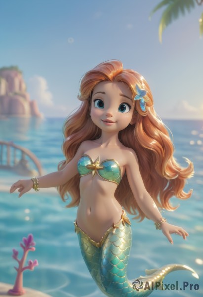 1girl,solo,long hair,breasts,looking at viewer,smile,blue eyes,brown hair,hair ornament,navel,bare shoulders,jewelry,collarbone,swimsuit,full body,flower,bikini,small breasts,outdoors,parted lips,sky,day,artist name,cloud,hair flower,water,orange hair,blurry,bracelet,tree,blue sky,lips,blurry background,ocean,wavy hair,beach,monster girl,bikini top only,palm tree,scales,mermaid,shell,shell bikini,red hair,midriff,stomach,strapless,depth of field,aged down,child