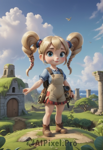 1girl,solo,long hair,looking at viewer,smile,bangs,blue eyes,skirt,blonde hair,shirt,holding,twintails,closed mouth,standing,full body,weapon,braid,short sleeves,boots,outdoors,sky,day,puffy sleeves,collared shirt,artist name,cloud,water,bag,twin braids,tree,blue sky,puffy short sleeves,lips,red skirt,bird,brown footwear,backpack,cloudy sky,grass,blue shirt,building,child,rock,camera,female child,overalls,path,windmill,1boy,dress,flower,solo focus,gun,thick eyebrows,cliff