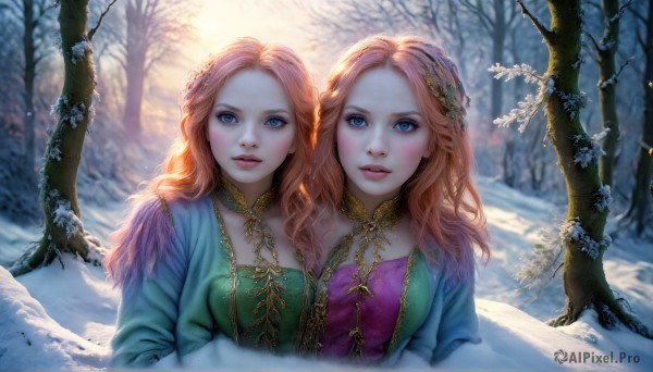 HQ,anna (frozen),long hair,breasts,looking at viewer,blush,blue eyes,multiple girls,blonde hair,hair ornament,long sleeves,dress,2girls,jewelry,upper body,braid,outdoors,parted lips,choker,artist name,signature,necklace,orange hair,blurry,tree,lips,eyelashes,depth of field,blue dress,siblings,wavy hair,sisters,nature,snow,forest,curly hair,green dress,twins,snowing,realistic,snowflakes,winter,bare tree,red hair,day,makeup,sunlight,plant