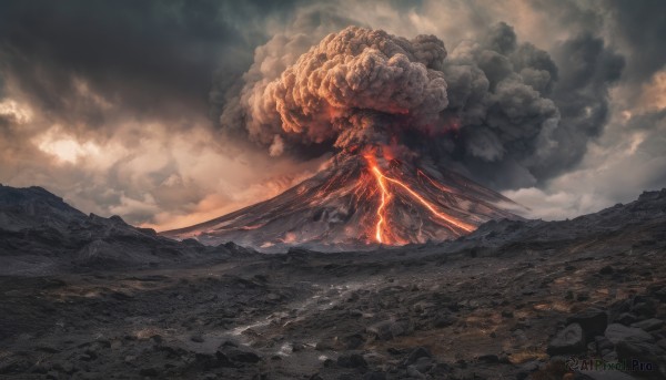 outdoors, sky, cloud, no humans, cloudy sky, fire, scenery, smoke, science fiction, mountain, molten rock