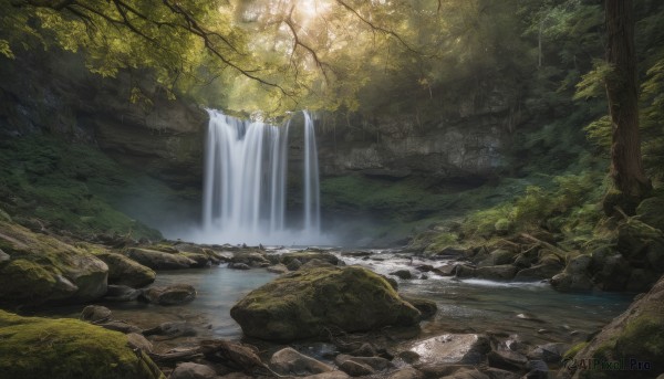 outdoors, day, water, tree, no humans, sunlight, nature, scenery, forest, rock, river, waterfall, stream