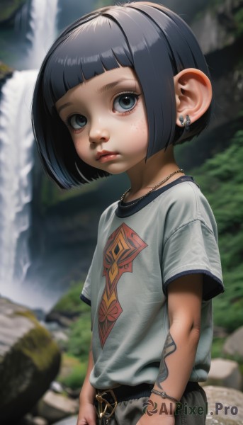 1girl,solo,looking at viewer,short hair,bangs,blue eyes,shirt,black hair,jewelry,closed mouth,standing,white shirt,short sleeves,earrings,outdoors,shorts,day,belt,pants,blunt bangs,water,necklace,blurry,black eyes,bracelet,lips,grey eyes,depth of field,blurry background,bob cut,t-shirt,child,grey shirt,freckles,rock,female child,waterfall,eyelashes,tattoo,piercing,ear piercing,nose,print shirt