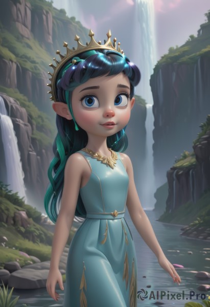 1girl,solo,long hair,looking at viewer,smile,bangs,blue eyes,black hair,hair ornament,dress,bare shoulders,jewelry,blue hair,standing,multicolored hair,cowboy shot,small breasts,outdoors,parted lips,green hair,horns,teeth,sleeveless,day,pointy ears,shiny,water,necklace,shiny hair,flat chest,lips,bare arms,sleeveless dress,blue dress,sunlight,grass,tiara,crown,gem,child,nature,wading,freckles,rock,arms at sides,female child,river,waterfall,lily pad,pond,breasts,blush,sky,artist name,eyelashes,leaf,aged down,aqua dress