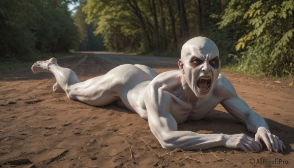 solo,open mouth,red eyes,1boy,full body,ass,male focus,nude,outdoors,lying,teeth,day,tree,no humans,muscular,colored skin,fangs,parody,on stomach,nature,forest,monster,realistic,bald,zombie,what,looking at viewer,barefoot,fingernails,eyepatch,meme,horror (theme),wrinkled skin