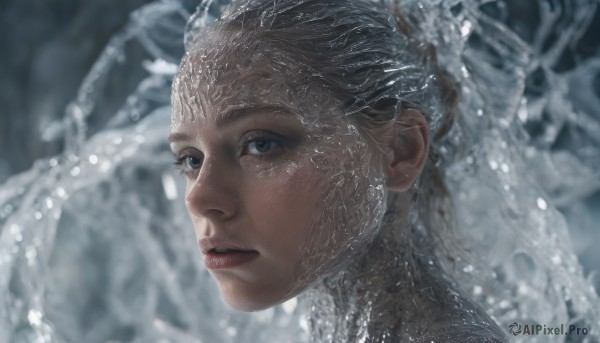 1girl,solo,blue eyes,blonde hair,parted lips,blurry,lips,blurry background,portrait,snow,snowing,realistic,winter,long hair,teeth,water,eyelashes,depth of field,close-up,freckles,nose