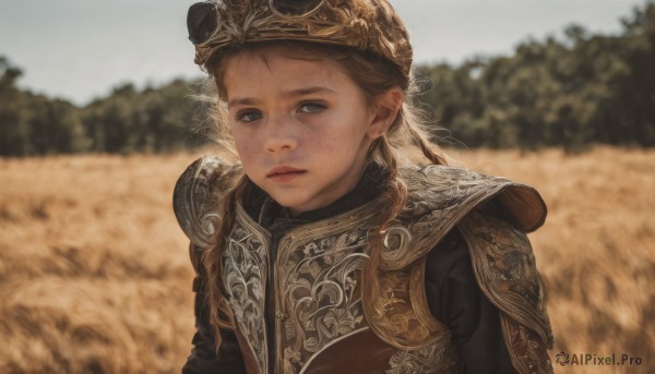 1girl,solo,long hair,looking at viewer,blue eyes,brown hair,closed mouth,upper body,braid,outdoors,day,armor,blurry,lips,blurry background,helmet,shoulder armor,freckles,pauldrons,breastplate,realistic,chainmail,hat,parted lips,grey eyes,depth of field,portrait,field,mole on cheek