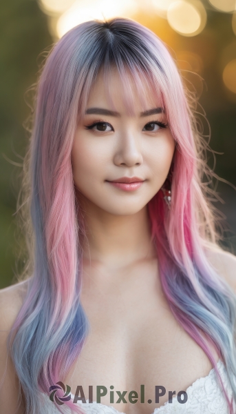 1girl,solo,long hair,breasts,looking at viewer,smile,bangs,cleavage,bare shoulders,brown eyes,jewelry,medium breasts,closed mouth,underwear,blue hair,upper body,pink hair,multicolored hair,earrings,bra,blurry,black eyes,two-tone hair,lips,gradient hair,makeup,depth of field,blurry background,white bra,realistic,nose,bokeh,large breasts,black hair,artist name