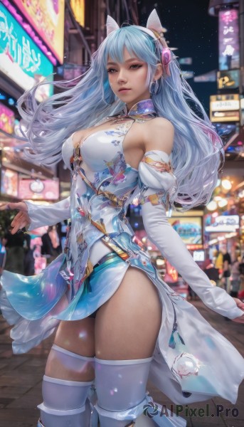 1girl,solo,long hair,breasts,looking at viewer,bangs,blue eyes,large breasts,hair ornament,thighhighs,gloves,dress,animal ears,cleavage,bare shoulders,jewelry,medium breasts,blue hair,standing,thighs,hairband,earrings,boots,outdoors,parted lips,detached sleeves,sky,elbow gloves,cat ears,blurry,white thighhighs,lips,grey eyes,night,blurry background,building,hoop earrings,city,realistic,long sleeves,brown eyes,closed mouth,white hair,solo focus,artist name,signature,white dress,sleeves past wrists,fake animal ears,headphones,thigh boots,white footwear,cyberpunk,neon lights