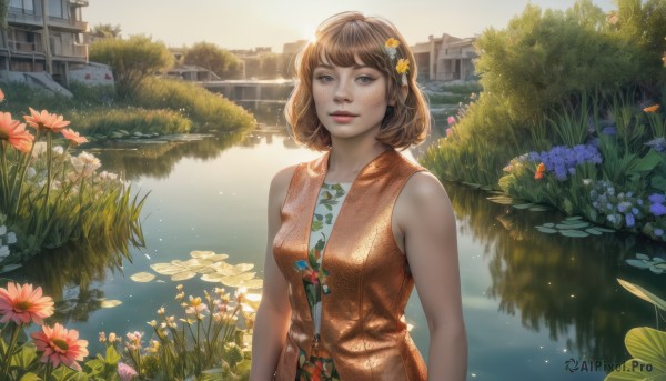 1girl,solo,breasts,looking at viewer,smile,short hair,bangs,brown hair,hair ornament,dress,bare shoulders,brown eyes,medium breasts,upper body,flower,outdoors,sleeveless,day,artist name,hair flower,water,tree,lips,bare arms,sleeveless dress,floral print,sunlight,grass,plant,building,scenery,freckles,realistic,nose,arms at sides,house,river,orange dress,lake,orange flower,lily pad,daisy,pond,closed mouth,standing,leaf,watermark,blue flower,yellow flower,purple flower