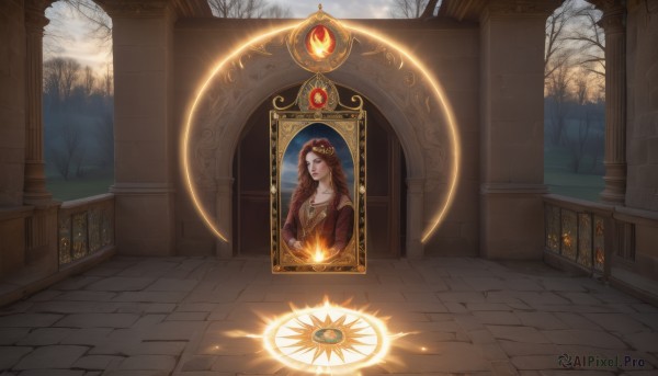A female surrounded by a serene fiery outdoors