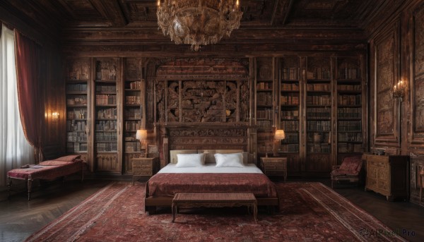 indoors,pillow,book,no humans,window,bed,chair,table,sunlight,curtains,scenery,couch,wooden floor,bookshelf,lamp,candle,bedroom,library,carpet,candlestand,rug,chandelier,fireplace,canopy bed,day,on bed,cabinet