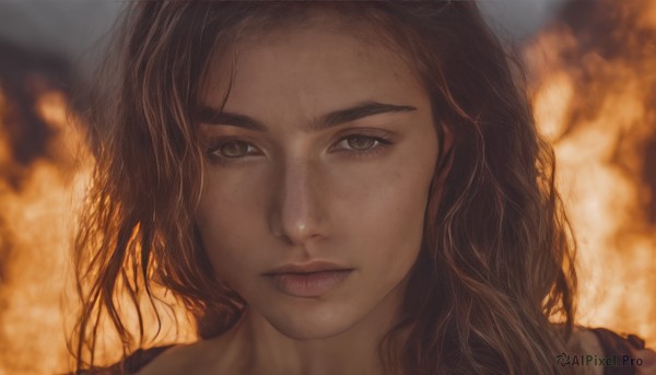 1girl,solo,long hair,looking at viewer,brown hair,brown eyes,closed mouth,blurry,lips,eyelashes,depth of field,blurry background,wavy hair,fire,portrait,freckles,realistic,nose,artist name,expressionless,close-up