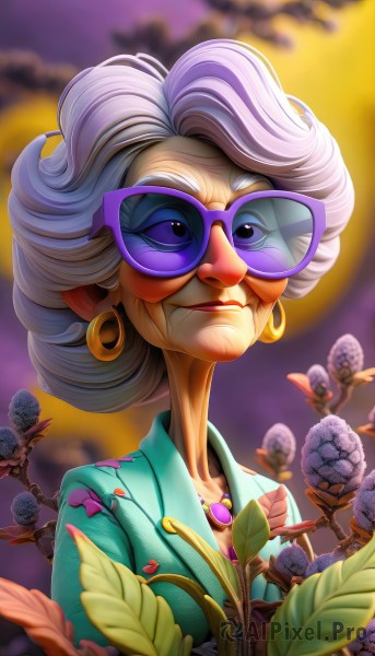 1girl,solo,looking at viewer,smile,short hair,jewelry,upper body,flower,white hair,grey hair,earrings,sky,glasses,artist name,cloud,necklace,blurry,lips,makeup,leaf,sunglasses,lipstick,eyeshadow,red lips,tinted eyewear,old,purple lips,old woman,purple-tinted eyewear,dress,blurry background,watermark,web address,curly hair,hoop earrings