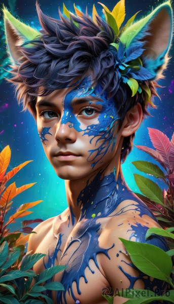 solo,looking at viewer,smile,short hair,black hair,hair ornament,1boy,animal ears,brown eyes,closed mouth,upper body,flower,male focus,outdoors,sky,cat ears,hair flower,lips,night,leaf,blue background,dark-skinned male,plant,portrait,star (sky),starry sky,kemonomimi mode,topless male,realistic,nose,facepaint,bodypaint,brown hair,nude,artist name,fox ears,watermark,night sky,web address,extra ears,tribal,full-body tattoo