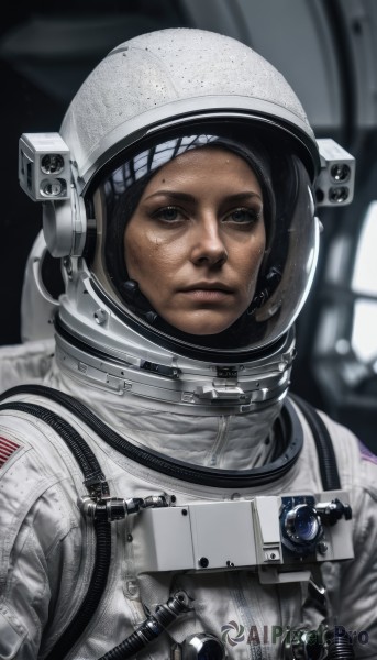 1girl,solo,looking at viewer,black hair,1boy,closed mouth,upper body,male focus,signature,dark skin,blurry,black eyes,lips,blurry background,helmet,science fiction,realistic,spacesuit,space helmet,astronaut,mole,expressionless,portrait,reflection,pilot suit,space,american flag,spacecraft