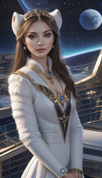 1girl,solo,long hair,breasts,looking at viewer,smile,brown hair,long sleeves,dress,cleavage,brown eyes,jewelry,medium breasts,earrings,sky,necklace,white dress,lips,coat,fur trim,night,moon,own hands together,gem,star (sky),night sky,full moon,starry sky,v arms,realistic,nose,white coat,space,planet,earth (planet),hat,animal ears,closed mouth,standing,upper body,artist name,cat ears,makeup,fake animal ears,tiara,crown,red lips