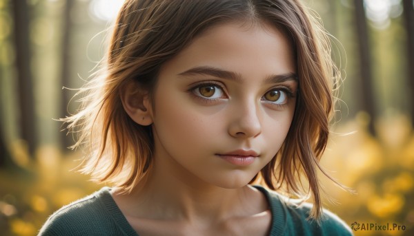 1girl,solo,looking at viewer,short hair,brown hair,shirt,brown eyes,closed mouth,collarbone,outdoors,blurry,lips,eyelashes,depth of field,blurry background,portrait,close-up,forehead,freckles,realistic,nose,nature,forest,backlighting,bokeh