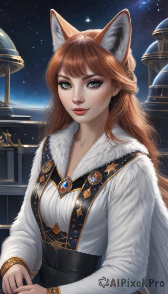 1girl,solo,long hair,breasts,looking at viewer,smile,bangs,brown hair,shirt,long sleeves,animal ears,jewelry,green eyes,white shirt,upper body,sky,artist name,lips,animal ear fluff,fur trim,fox ears,makeup,night,brooch,gem,star (sky),starry sky,red lips,dress,medium breasts,closed mouth,red hair,earrings,star (symbol),orange hair,bracelet,eyelashes,watermark,wolf ears,own hands together,freckles,fur collar,realistic,nose,space