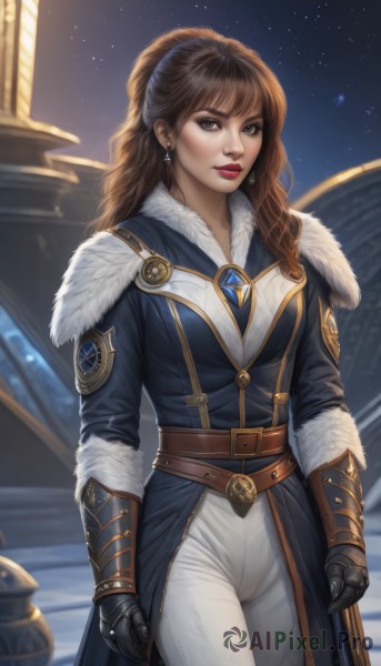 1girl,solo,long hair,breasts,looking at viewer,bangs,brown hair,gloves,brown eyes,jewelry,medium breasts,standing,cowboy shot,earrings,outdoors,sky,belt,pants,armor,blurry,lips,coat,fur trim,makeup,night,blurry background,wavy hair,lipstick,gauntlets,star (sky),night sky,buckle,starry sky,white pants,nose,arms at sides,winter clothes,red lips,brown belt,blue coat,jacket,artist name,watermark,realistic,emblem